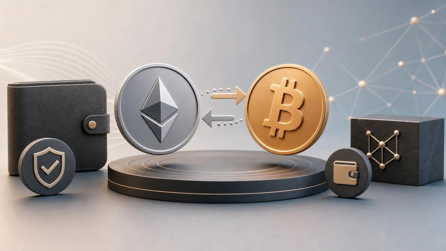 A step-by-step ETH-to-BTC exchange route showing rate checks, Ethereum deposit confirmation, and verification of the Bitcoin receiving address